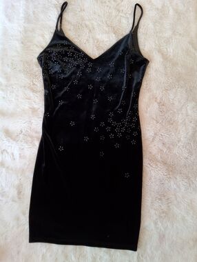 90s Rampage Black Velvet Slip Dress with Raised Sparkle Embellished Florals